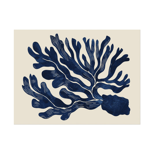 Coastal Dreams: Vintage Blockprint Style Blue Sea Weed Foliage Wall Art