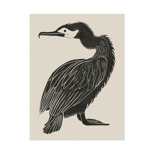 Coastal Sentinel: Vintage Blockprint Style Cormorant Wall Art