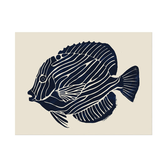 Deep Blue Wonder: Vintage Blockprint Style Tropical Fish Wall Art